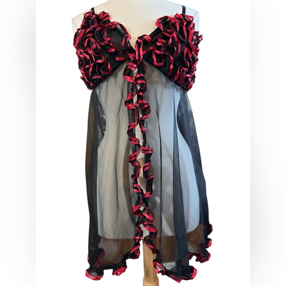 Juliara Other - Juliara Vintage Sexy Black sheer Babydoll nightgown w/Red Ruffled Trim Size 2X